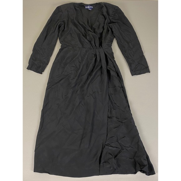 Vintage Ralph Lauren Midi Dress Women's Size 12 Black 100% Silk Long Sleeve - Picture 1 of 15